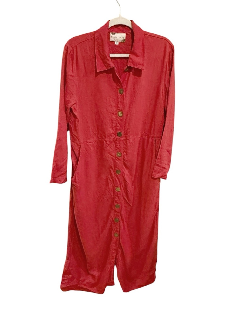 Vintage Earth Song Linen Blend Long-Sleeve Red Button-Front Maxi Dress - Size M